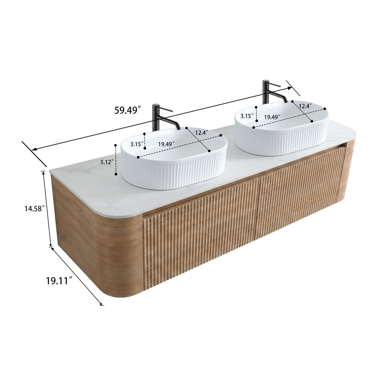 Erba 60 inch Bathroom Vanity with Sink, Honey Oak Wall Cabinet with Free Towel Rack, Double White Oval Striped Ceramic Basins Design, without Drain and Faucet, Pre-assembled