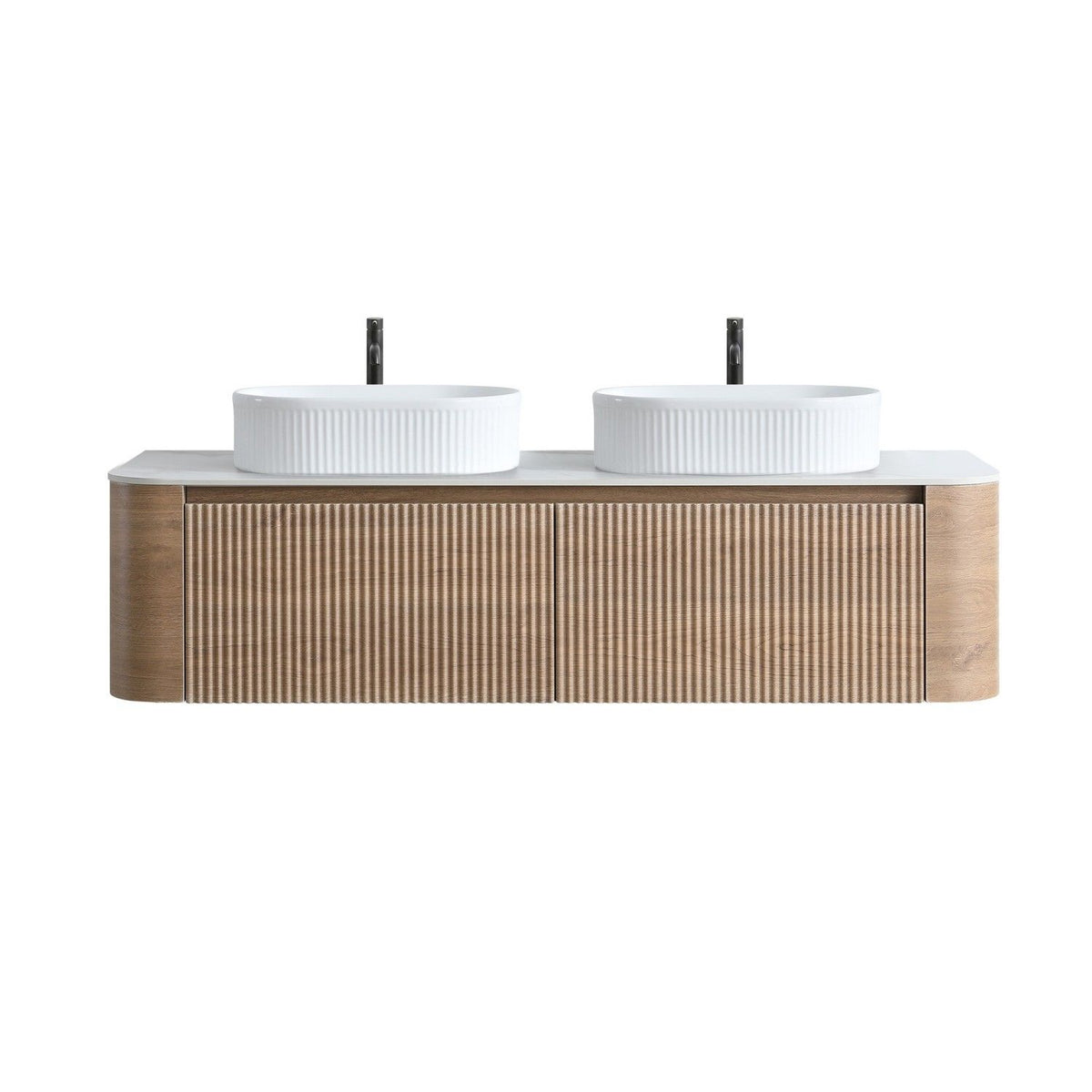Erba 60 inch Bathroom Vanity with Sink, Honey Oak Wall Cabinet with Free Towel Rack, Double White Oval Striped Ceramic Basins Design, without Drain and Faucet, Pre-assembled