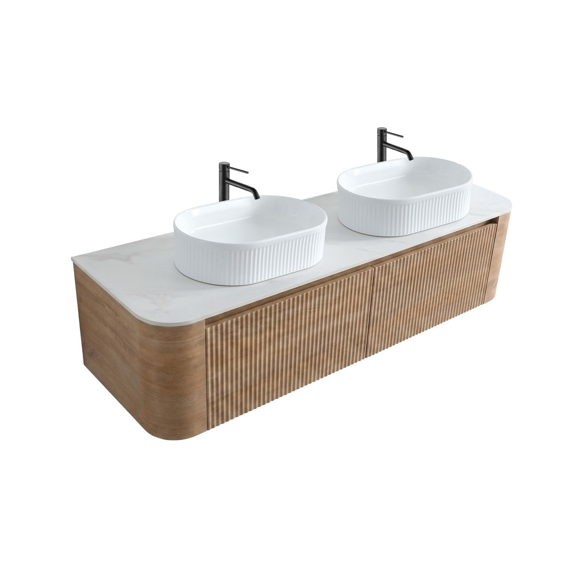 Erba 60 inch Bathroom Vanity with Sink, Honey Oak Wall Cabinet with Free Towel Rack, Double White Oval Striped Ceramic Basins Design, without Drain and Faucet, Pre-assembled