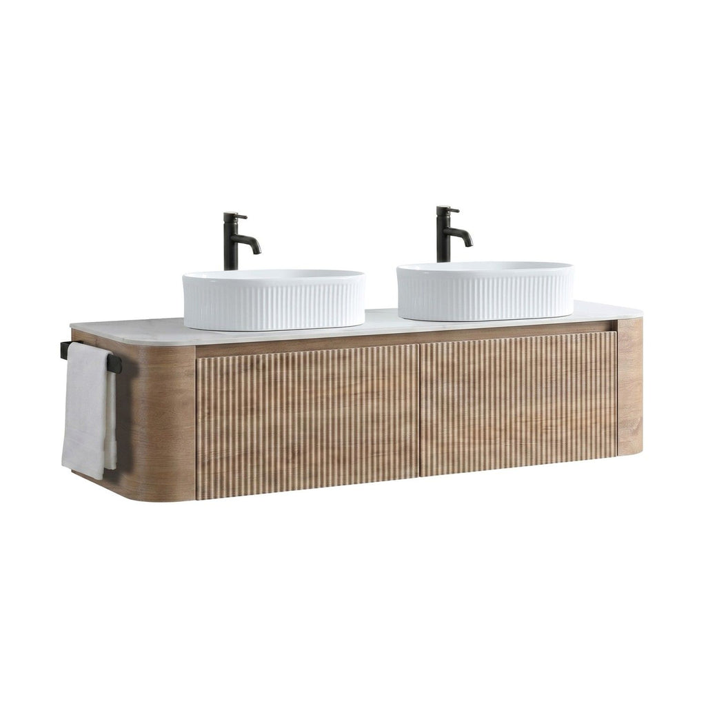 Erba 60 inch Bathroom Vanity with Sink, Honey Oak Wall Cabinet with Free Towel Rack, Double White Oval Striped Ceramic Basins Design, without Drain and Faucet, Pre-assembled