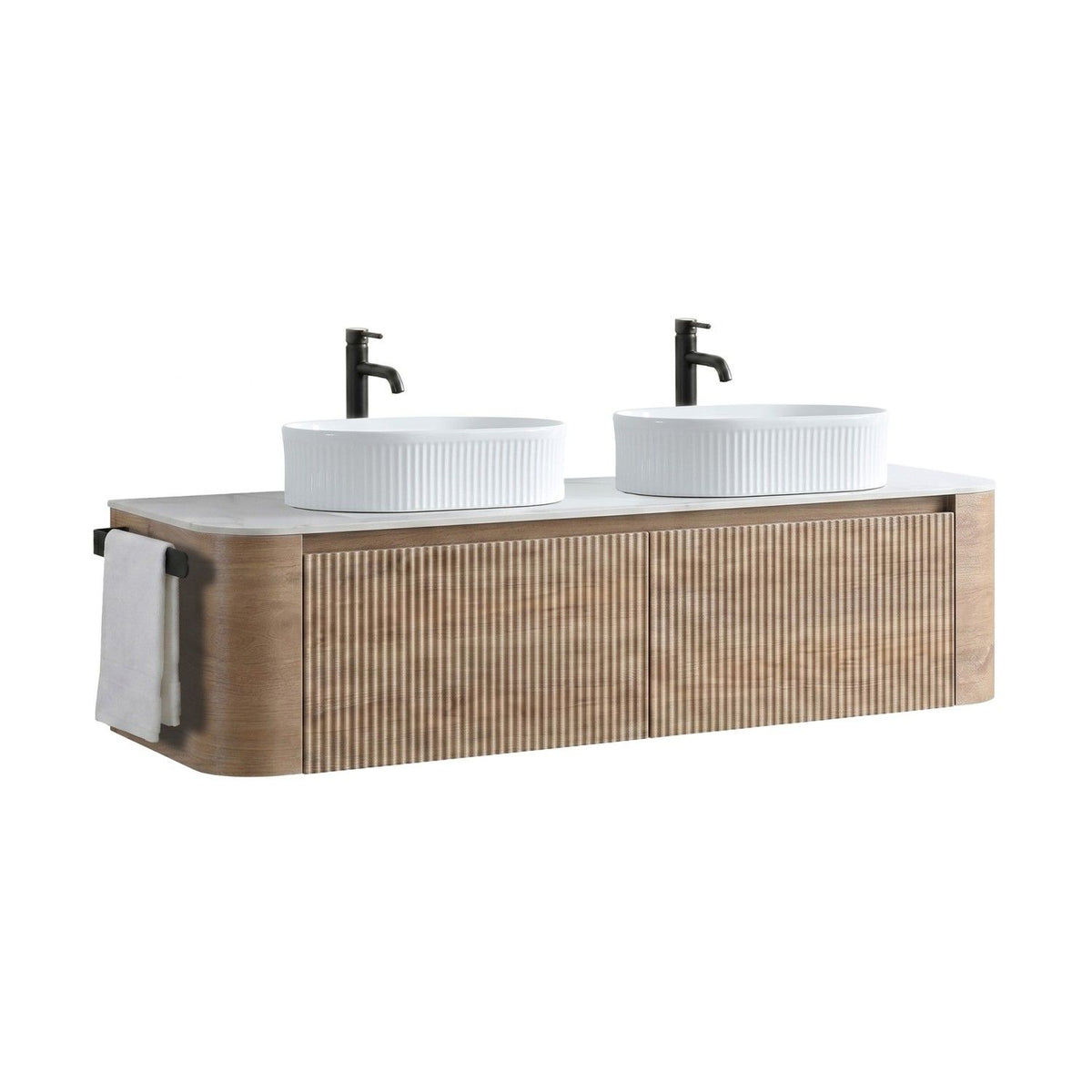 Erba 60 inch Bathroom Vanity with Sink, Honey Oak Wall Cabinet with Free Towel Rack, Double White Oval Striped Ceramic Basins Design, without Drain and Faucet, Pre-assembled