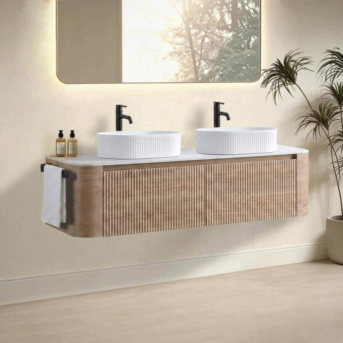 Erba 60 inch Bathroom Vanity with Sink, Honey Oak Wall Cabinet with Free Towel Rack, Double White Oval Striped Ceramic Basins Design, without Drain and Faucet, Pre-assembled