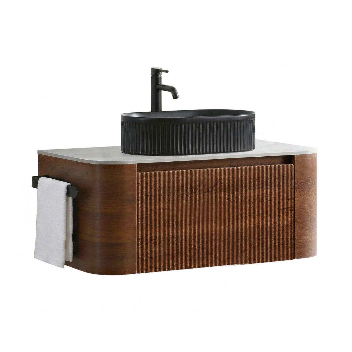 Erba 36 inch Bathroom Vanity with Sink, Walnut Wall Cabinet with Free Towel Rack, Single Black Oval Striped Ceramic Basin Design, without Drain and Faucet, Pre-assembled