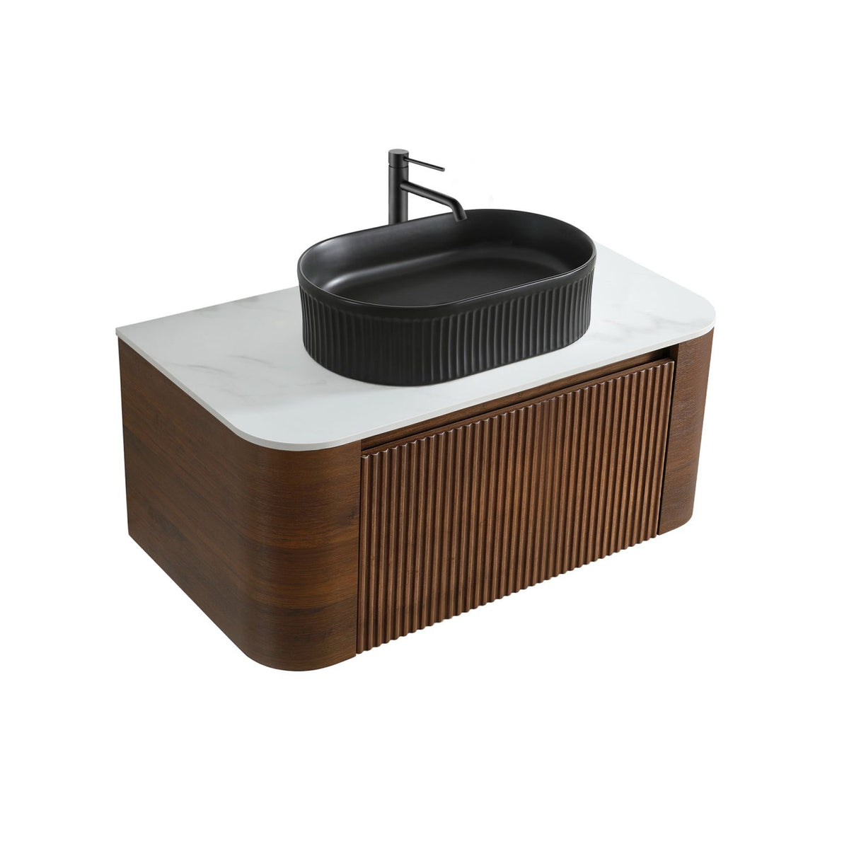 Erba 36 inch Bathroom Vanity with Sink, Walnut Wall Cabinet with Free Towel Rack, Single Black Oval Striped Ceramic Basin Design, without Drain and Faucet, Pre-assembled