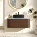 Erba 36 inch Bathroom Vanity with Sink, Walnut Wall Cabinet with Free Towel Rack, Single Black Oval Striped Ceramic Basin Design, without Drain and Faucet, Pre-assembled