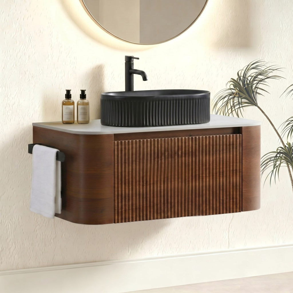 Erba 36 inch Bathroom Vanity with Sink, Walnut Wall Cabinet with Free Towel Rack, Single Black Oval Striped Ceramic Basin Design, without Drain and Faucet, Pre-assembled