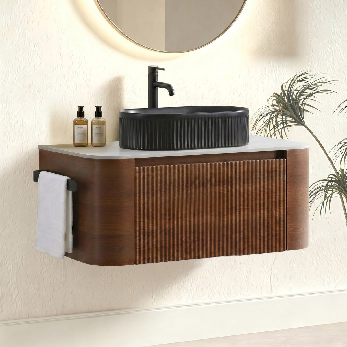 Erba 36 inch Bathroom Vanity with Sink, Walnut Wall Cabinet with Free Towel Rack, Single Black Oval Striped Ceramic Basin Design, without Drain and Faucet, Pre-assembled