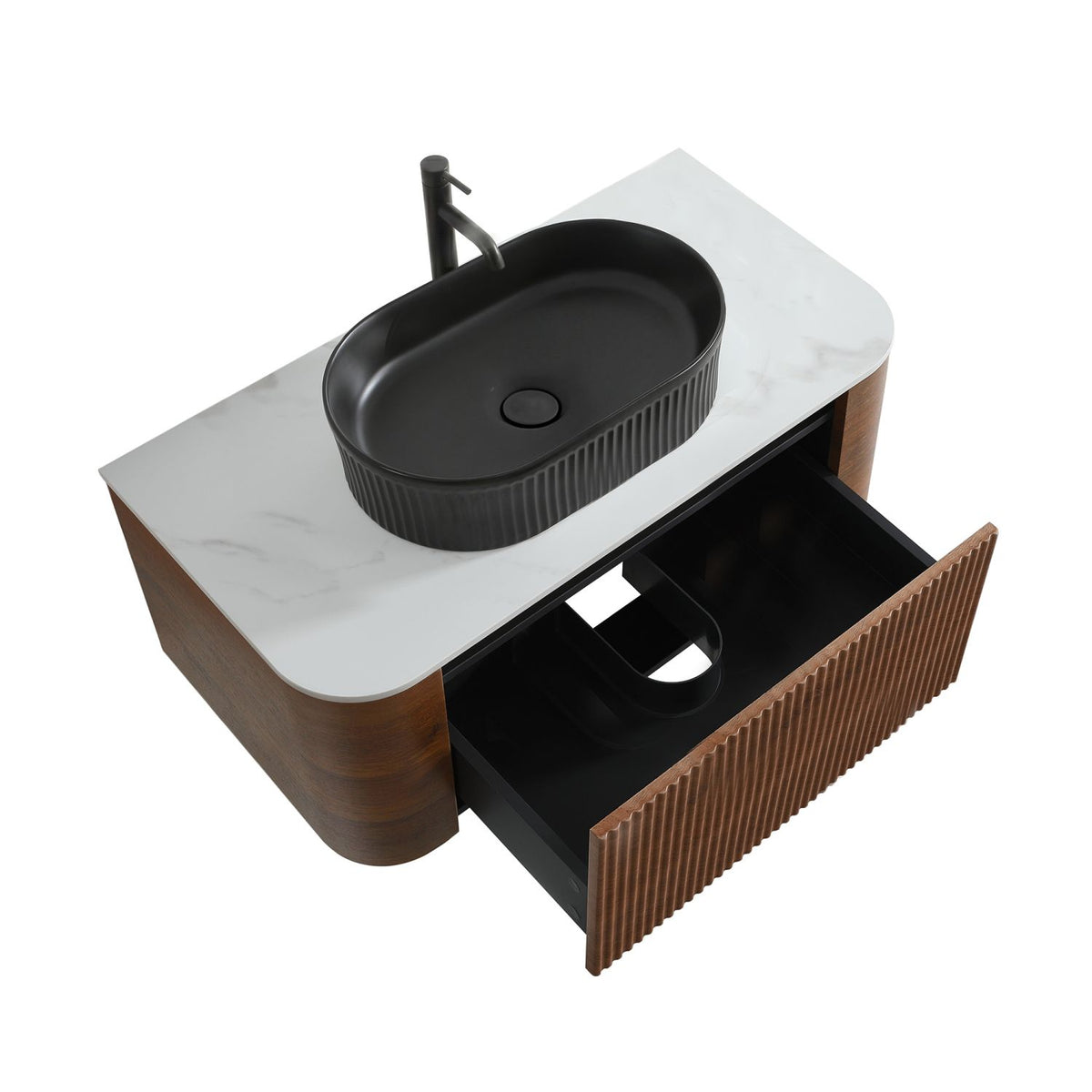 Erba 36 inch Bathroom Vanity with Sink, Walnut Wall Cabinet with Free Towel Rack, Single Black Oval Striped Ceramic Basin Design, without Drain and Faucet, Pre-assembled