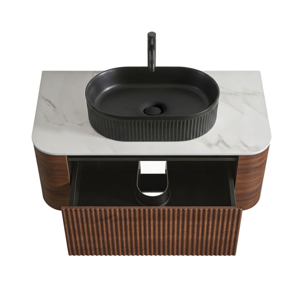 Erba 36 inch Bathroom Vanity with Sink, Walnut Wall Cabinet with Free Towel Rack, Single Black Oval Striped Ceramic Basin Design, without Drain and Faucet, Pre-assembled