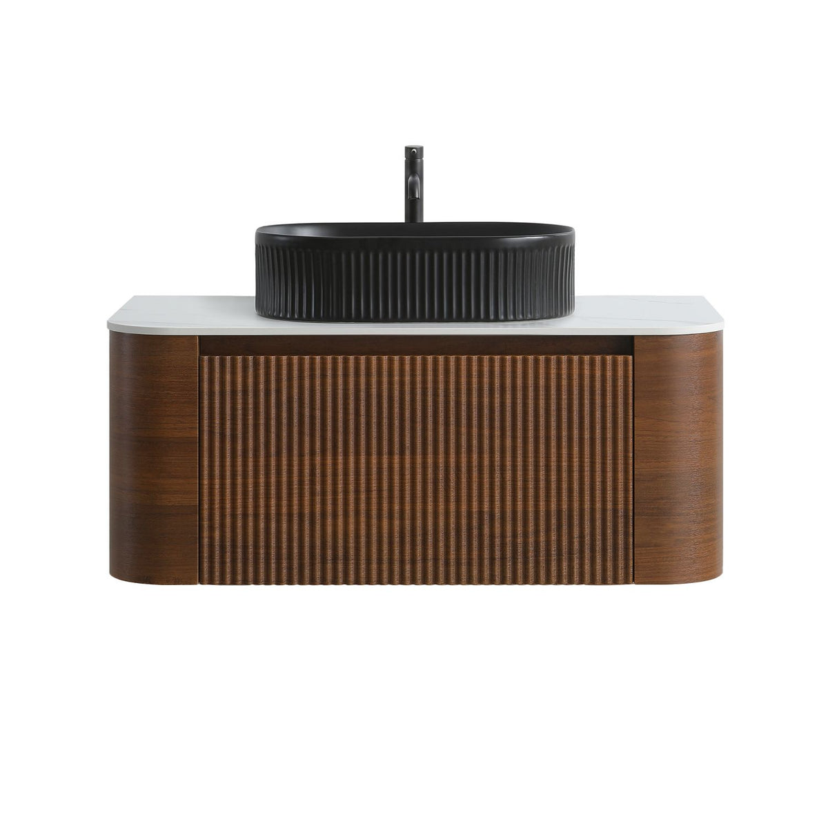 Erba 36 inch Bathroom Vanity with Sink, Walnut Wall Cabinet with Free Towel Rack, Single Black Oval Striped Ceramic Basin Design, without Drain and Faucet, Pre-assembled