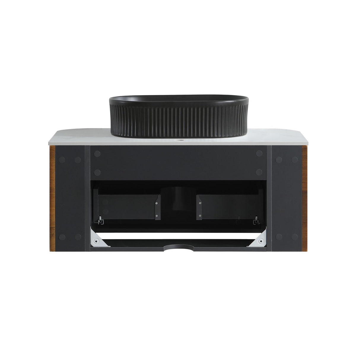 Erba 36 inch Bathroom Vanity with Sink, Walnut Wall Cabinet with Free Towel Rack, Single Black Oval Striped Ceramic Basin Design, without Drain and Faucet, Pre-assembled