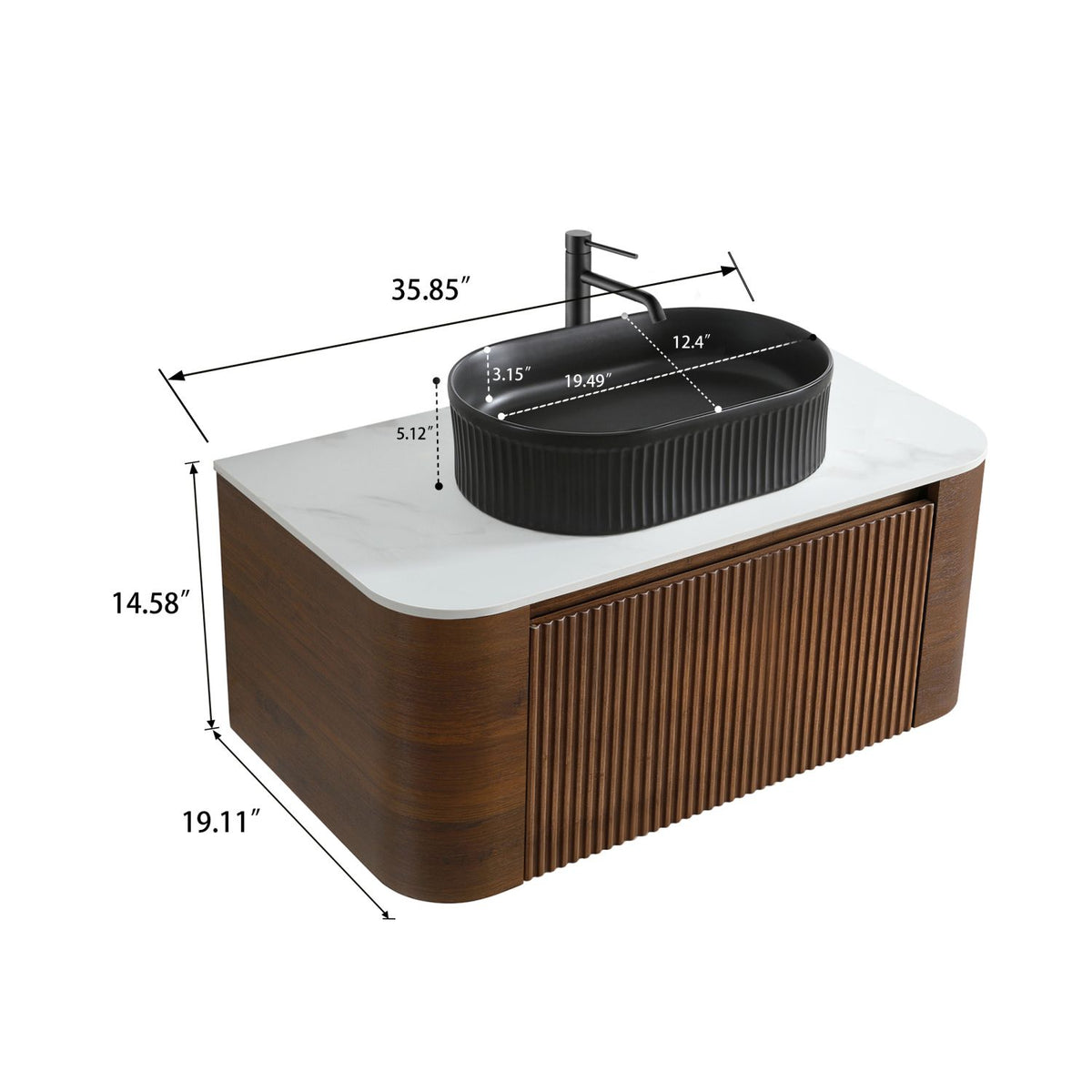 Erba 36 inch Bathroom Vanity with Sink, Walnut Wall Cabinet with Free Towel Rack, Single Black Oval Striped Ceramic Basin Design, without Drain and Faucet, Pre-assembled