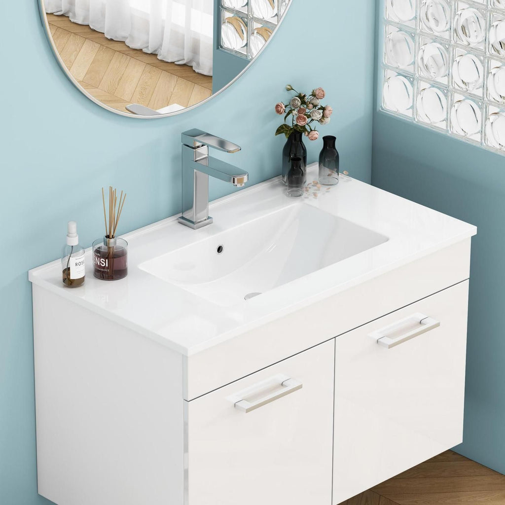 24-Inch White Ceramic Bathroom Sink,Compatible with 24-Inch Vanities,Pre-Drilled Faucet Hole,Space-Saving Design,Easy to Clean
