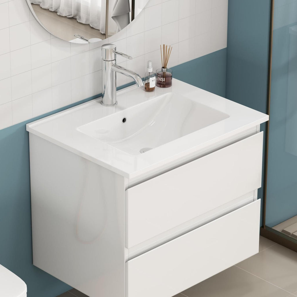 24-Inch White Ceramic Bathroom Sink,Compatible with 24-Inch Vanities,Pre-Drilled Faucet Hole,Space-Saving Design,Easy to Clean