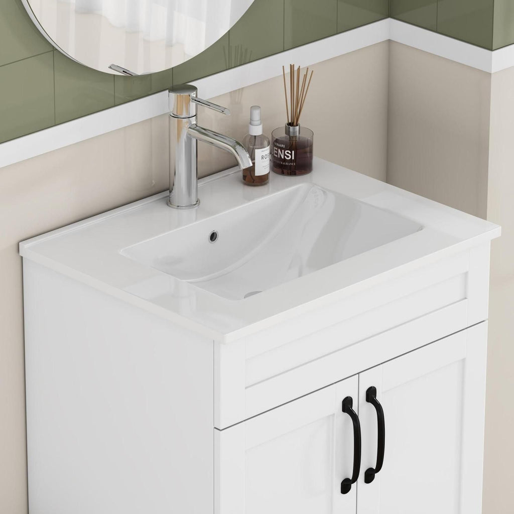 24-Inch White Ceramic Bathroom Sink,Compatible with 24-Inch Vanities,Pre-Drilled Faucet Hole,Space-Saving Design,Easy to Clean