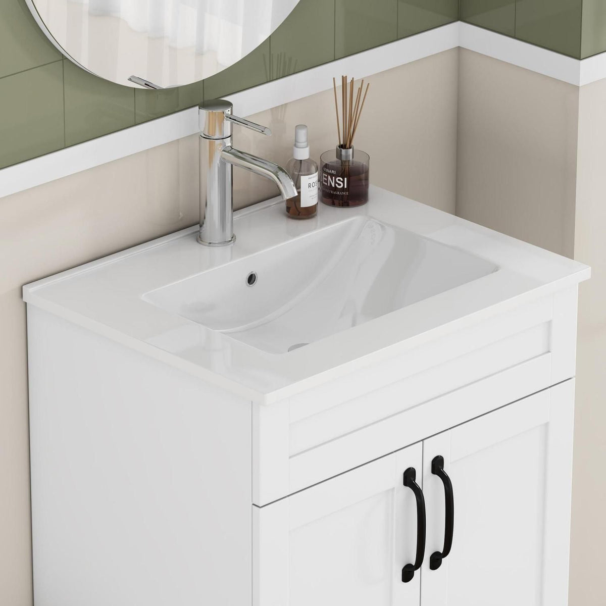 24-Inch White Ceramic Bathroom Sink,Compatible with 24-Inch Vanities,Pre-Drilled Faucet Hole,Space-Saving Design,Easy to Clean