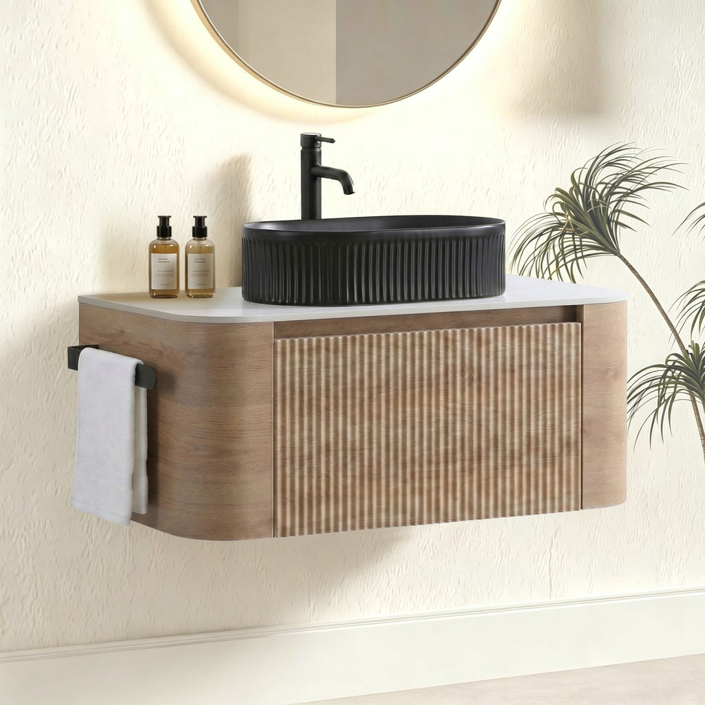 Erba 36 inch Bathroom Vanity with Sink, Honey Oak Wall Cabinet with Free Towel Rack, Single Black Oval Striped Ceramic Basin Design, without Drain and Faucet, Pre-assembled