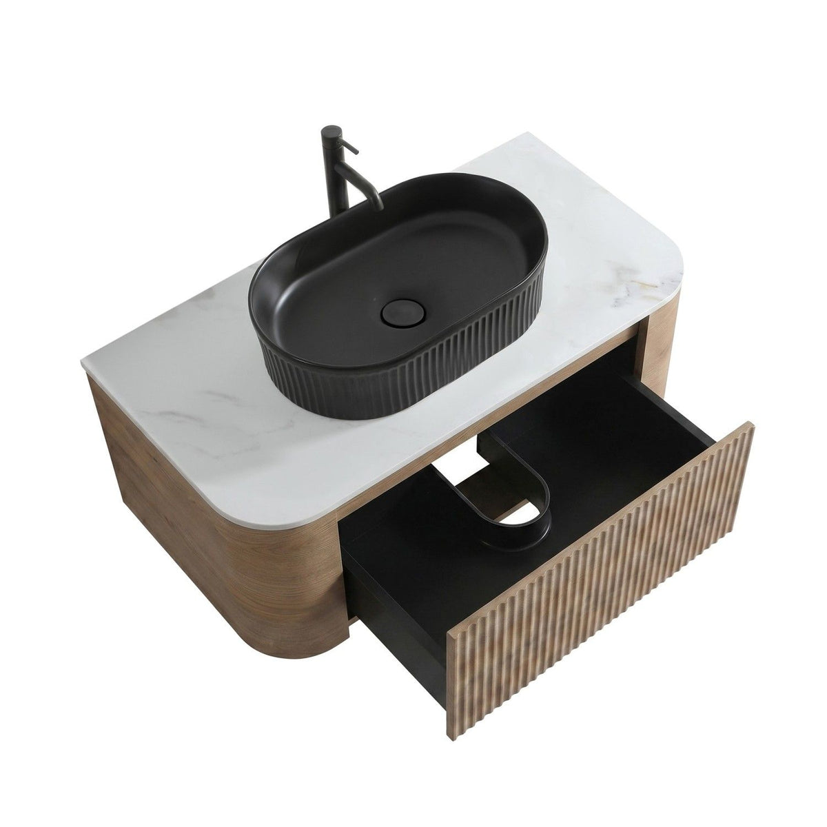 Erba 36 inch Bathroom Vanity with Sink, Honey Oak Wall Cabinet with Free Towel Rack, Single Black Oval Striped Ceramic Basin Design, without Drain and Faucet, Pre-assembled