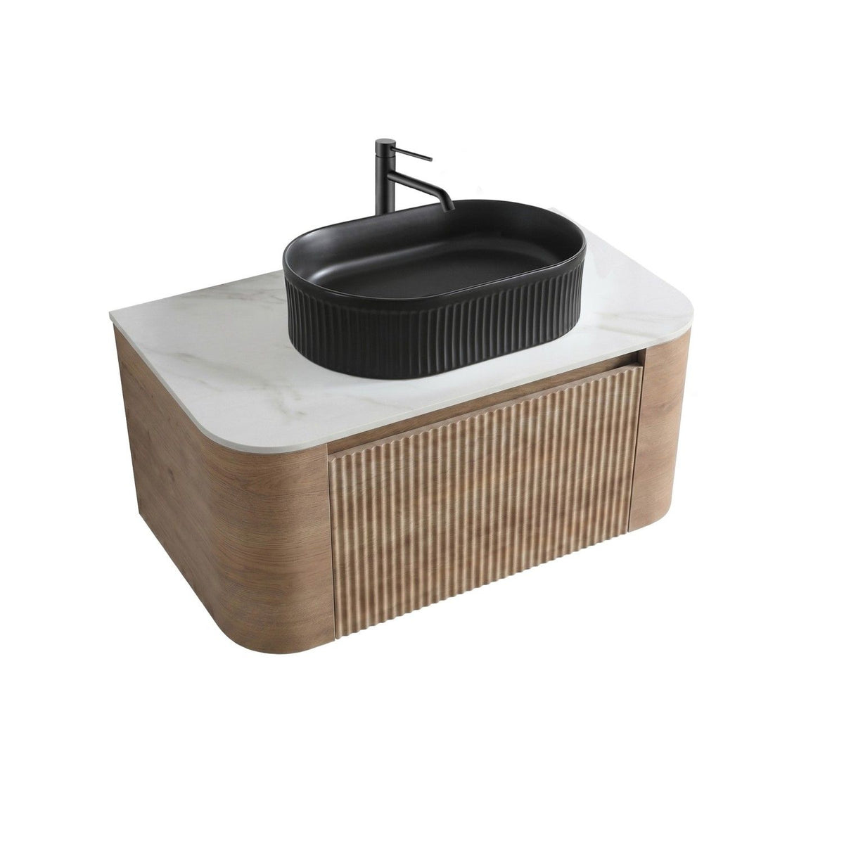 Erba 36 inch Bathroom Vanity with Sink, Honey Oak Wall Cabinet with Free Towel Rack, Single Black Oval Striped Ceramic Basin Design, without Drain and Faucet, Pre-assembled