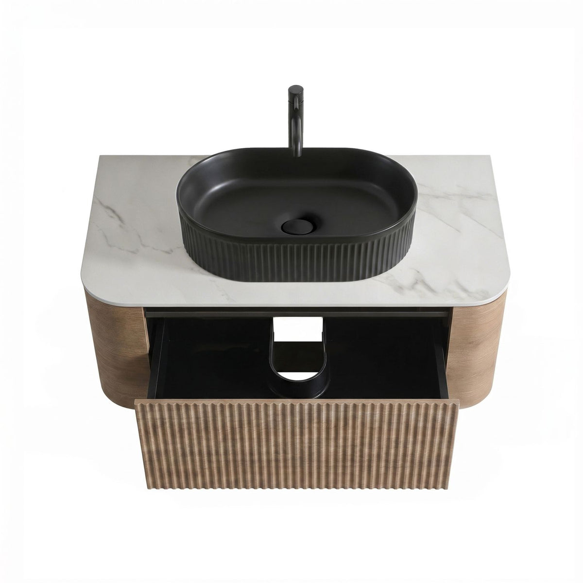 Erba 36 inch Bathroom Vanity with Sink, Honey Oak Wall Cabinet with Free Towel Rack, Single Black Oval Striped Ceramic Basin Design, without Drain and Faucet, Pre-assembled