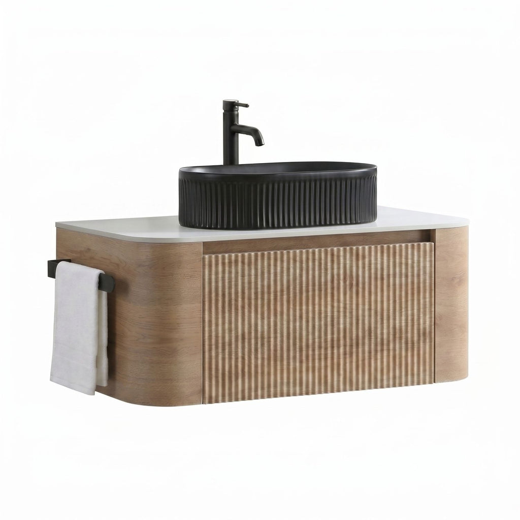 Erba 36 inch Bathroom Vanity with Sink, Honey Oak Wall Cabinet with Free Towel Rack, Single Black Oval Striped Ceramic Basin Design, without Drain and Faucet, Pre-assembled