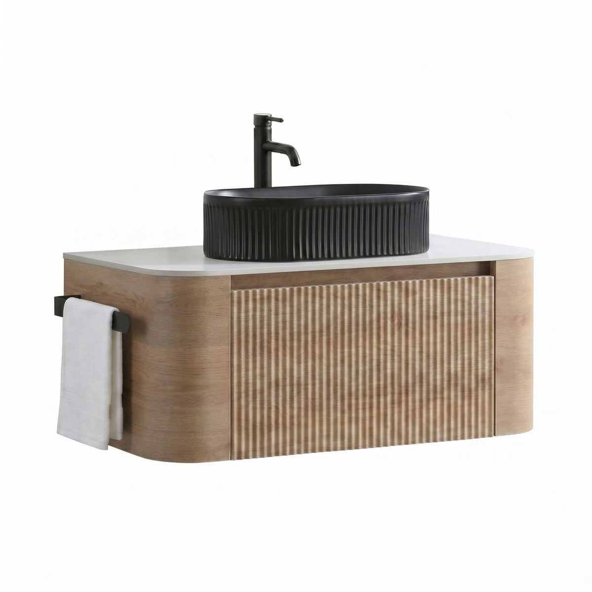 Erba 36 inch Bathroom Vanity with Sink, Honey Oak Wall Cabinet with Free Towel Rack, Single Black Oval Striped Ceramic Basin Design, without Drain and Faucet, Pre-assembled