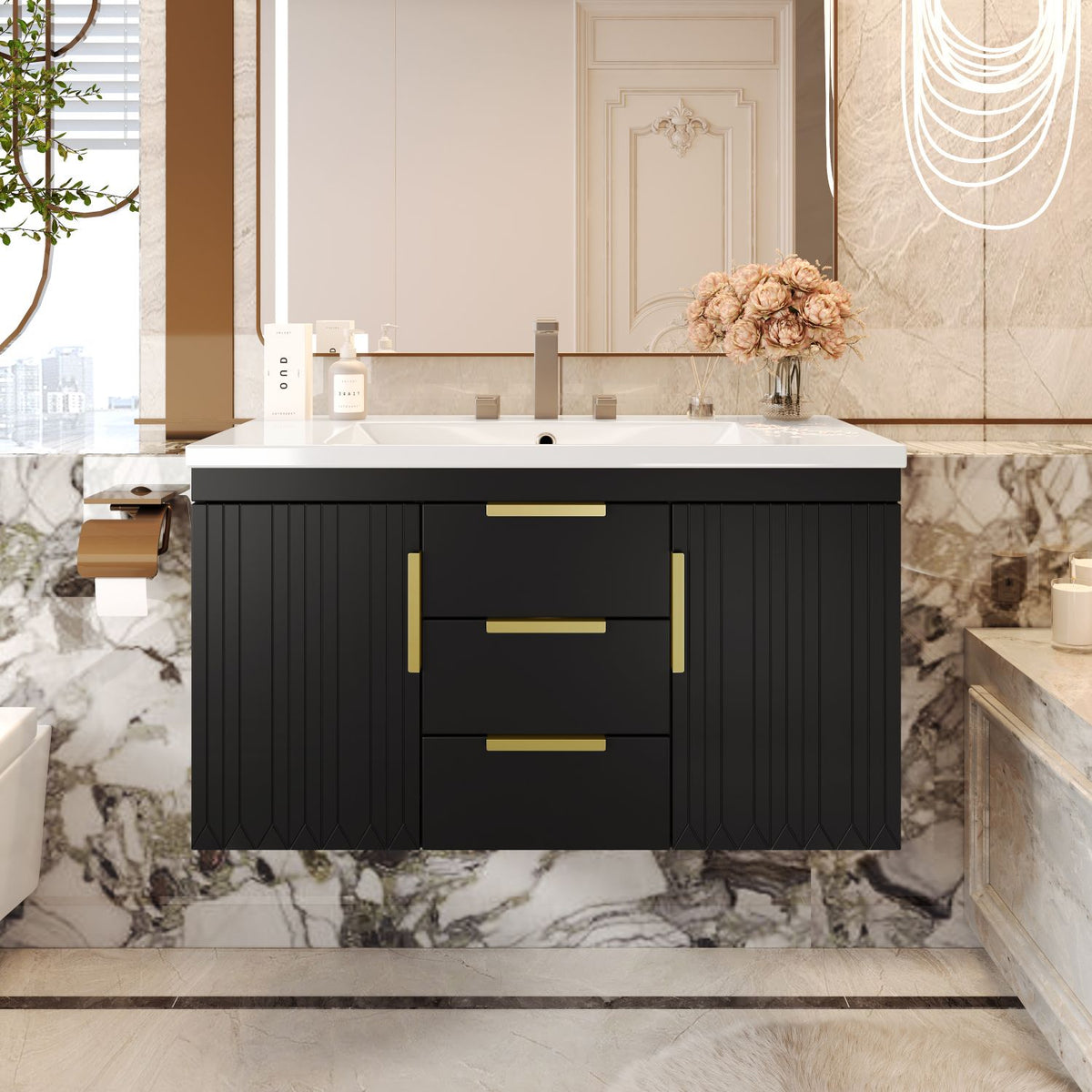 36'' Wall Mounted Bathroom Vanity with Resin Sink, Floating Bathroom Storage Cabinet with 2 Drawers (Same as N710S236003B)