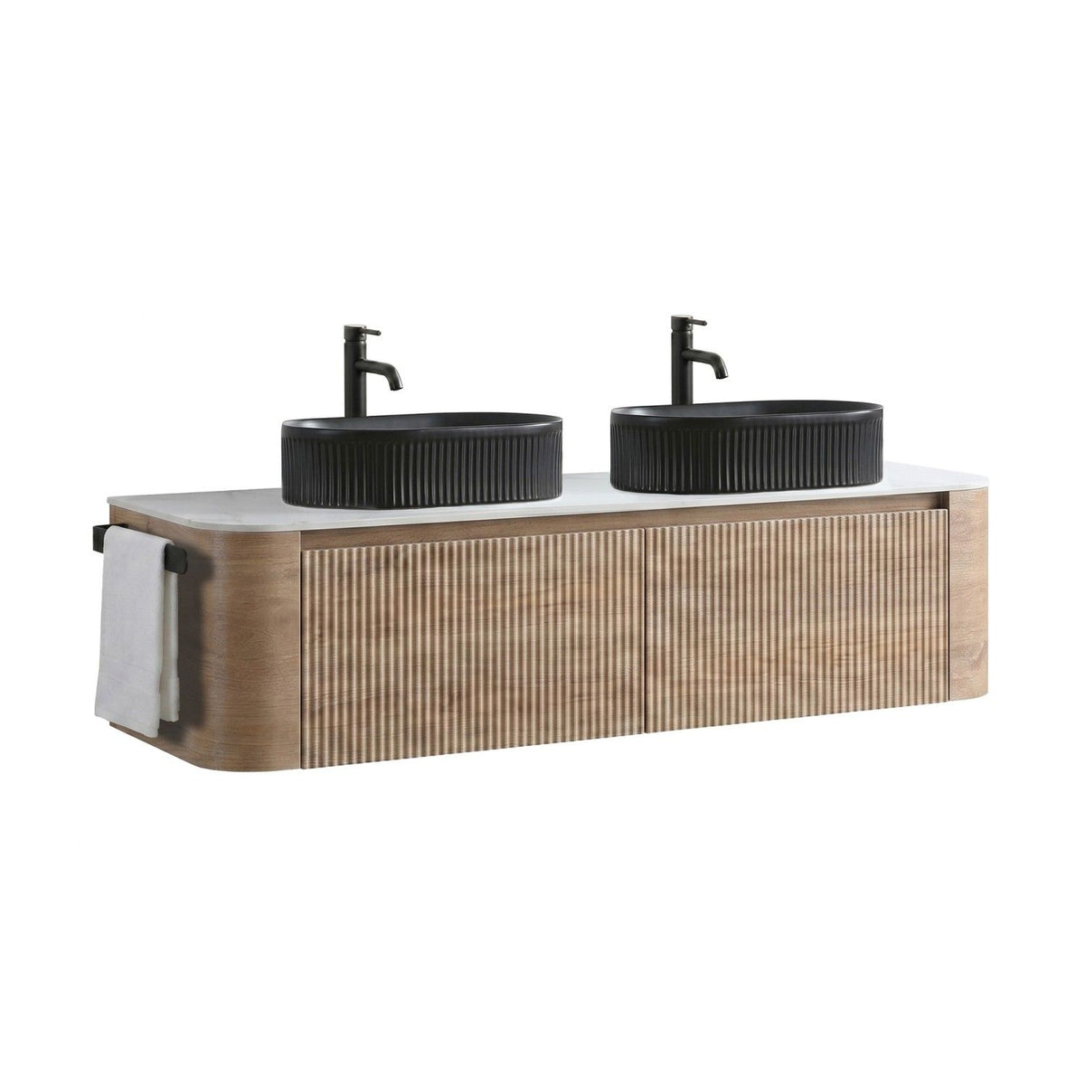 Erba 60 inch Bathroom Vanity with Sink, Honey Oak Wall Cabinet with Free Towel Rack, Double Black Oval Striped Ceramic Basins Design, without Drain and Faucet, Pre-assembled