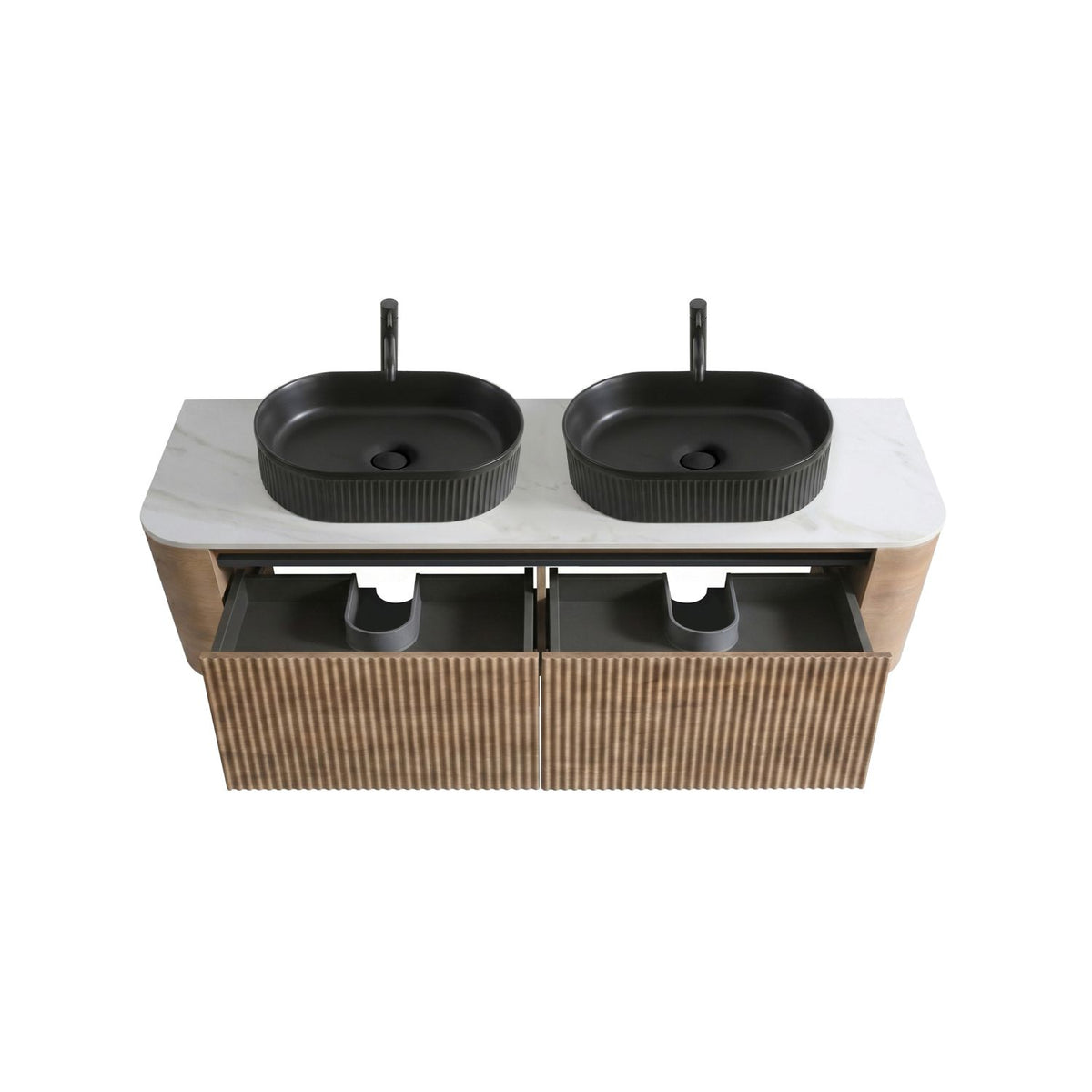 Erba 60 inch Bathroom Vanity with Sink, Honey Oak Wall Cabinet with Free Towel Rack, Double Black Oval Striped Ceramic Basins Design, without Drain and Faucet, Pre-assembled