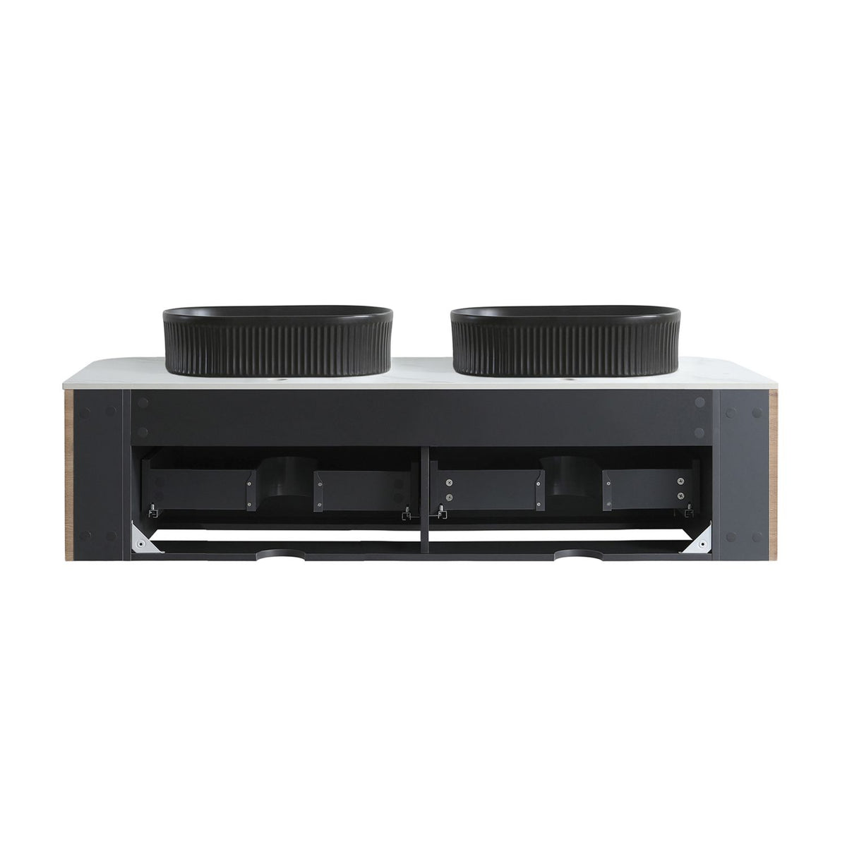 Erba 60 inch Bathroom Vanity with Sink, Honey Oak Wall Cabinet with Free Towel Rack, Double Black Oval Striped Ceramic Basins Design, without Drain and Faucet, Pre-assembled