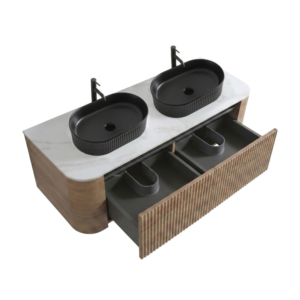 Erba 60 inch Bathroom Vanity with Sink, Honey Oak Wall Cabinet with Free Towel Rack, Double Black Oval Striped Ceramic Basins Design, without Drain and Faucet, Pre-assembled
