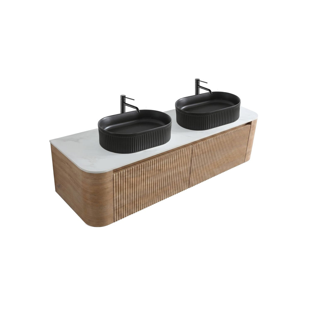 Erba 60 inch Bathroom Vanity with Sink, Honey Oak Wall Cabinet with Free Towel Rack, Double Black Oval Striped Ceramic Basins Design, without Drain and Faucet, Pre-assembled