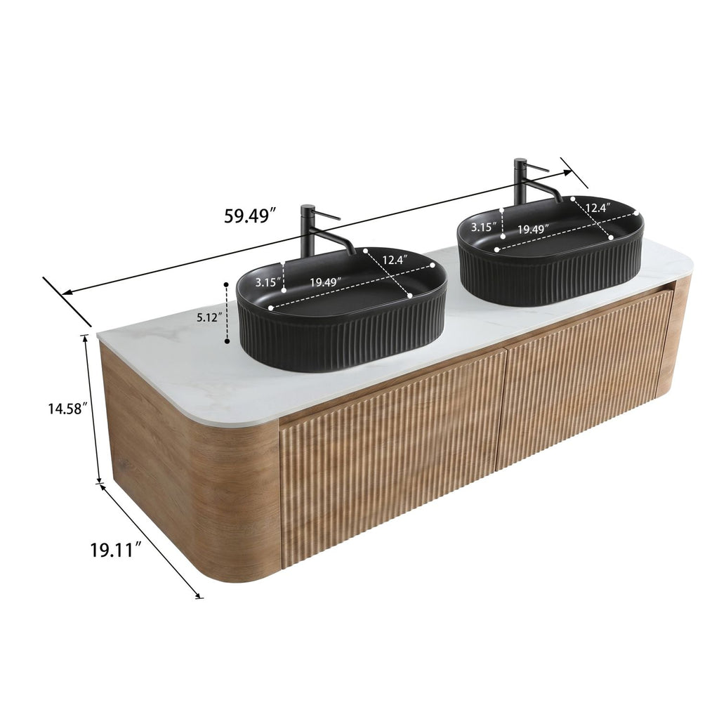 Erba 60 inch Bathroom Vanity with Sink, Honey Oak Wall Cabinet with Free Towel Rack, Double Black Oval Striped Ceramic Basins Design, without Drain and Faucet, Pre-assembled