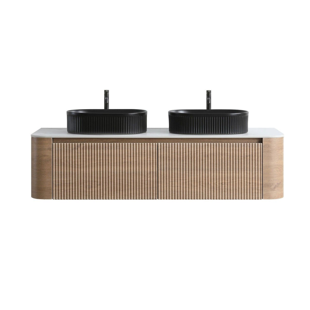 Erba 60 inch Bathroom Vanity with Sink, Honey Oak Wall Cabinet with Free Towel Rack, Double Black Oval Striped Ceramic Basins Design, without Drain and Faucet, Pre-assembled