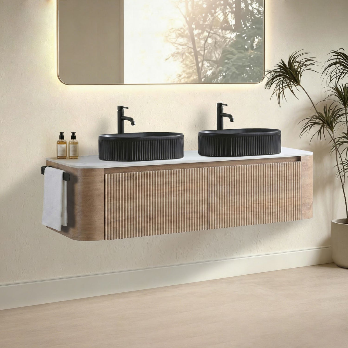 Erba 60 inch Bathroom Vanity with Sink, Honey Oak Wall Cabinet with Free Towel Rack, Double Black Oval Striped Ceramic Basins Design, without Drain and Faucet, Pre-assembled
