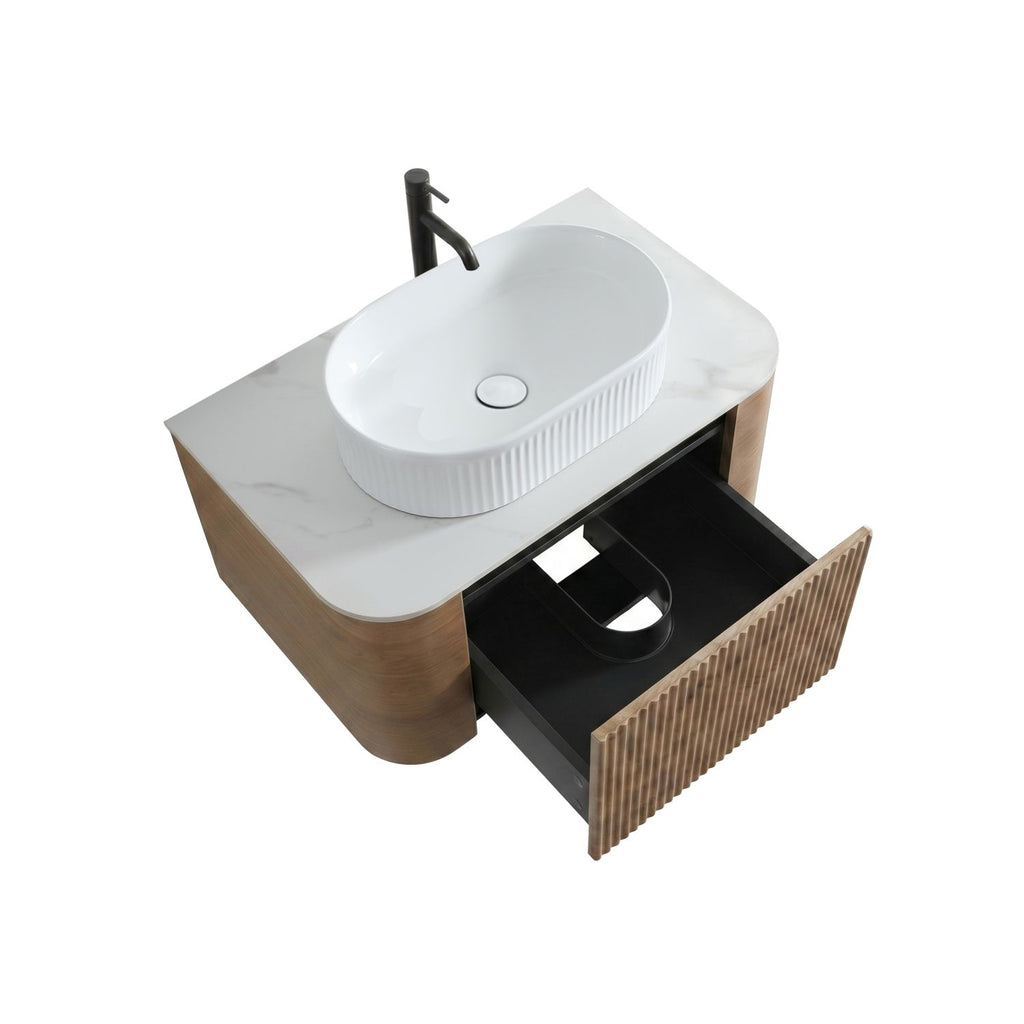 Erba 30 inch Bathroom Vanity with Sink, Honey Oak Wall Cabinet with Free Towel Rack, Single White Oval Striped Ceramic Basin Design, without Drain and Faucet, Pre-assembled