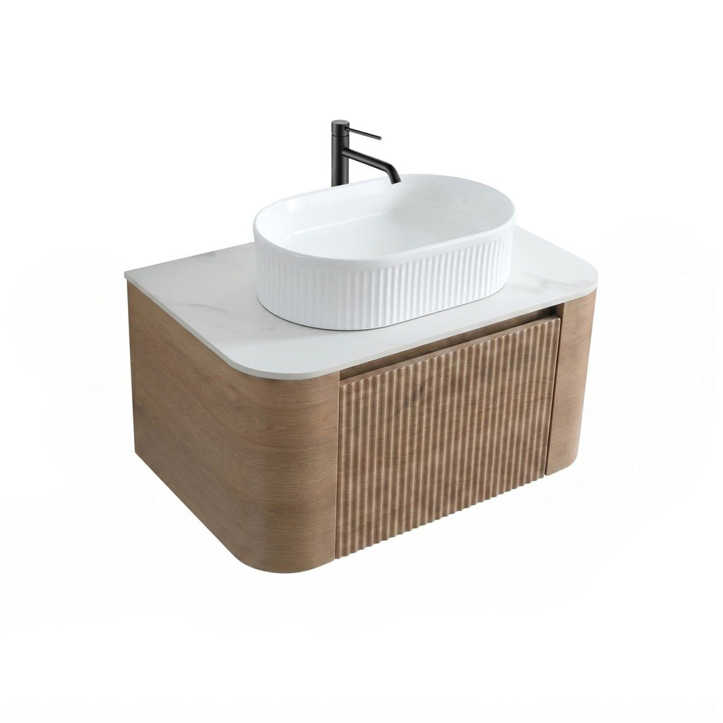 Erba 30 inch Bathroom Vanity with Sink, Honey Oak Wall Cabinet with Free Towel Rack, Single White Oval Striped Ceramic Basin Design, without Drain and Faucet, Pre-assembled