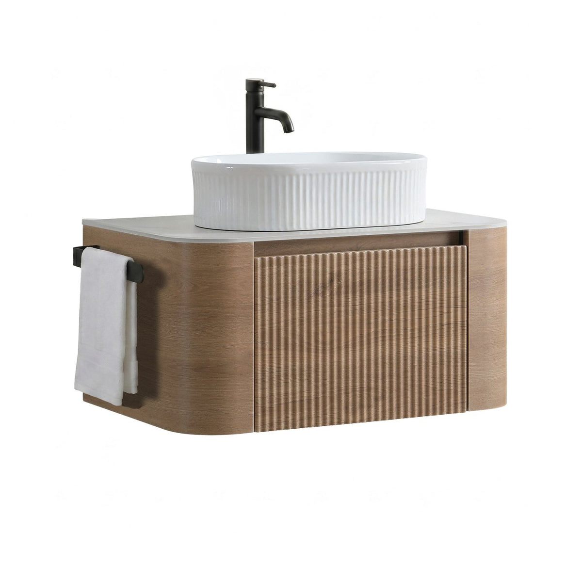 Erba 30 inch Bathroom Vanity with Sink, Honey Oak Wall Cabinet with Free Towel Rack, Single White Oval Striped Ceramic Basin Design, without Drain and Faucet, Pre-assembled