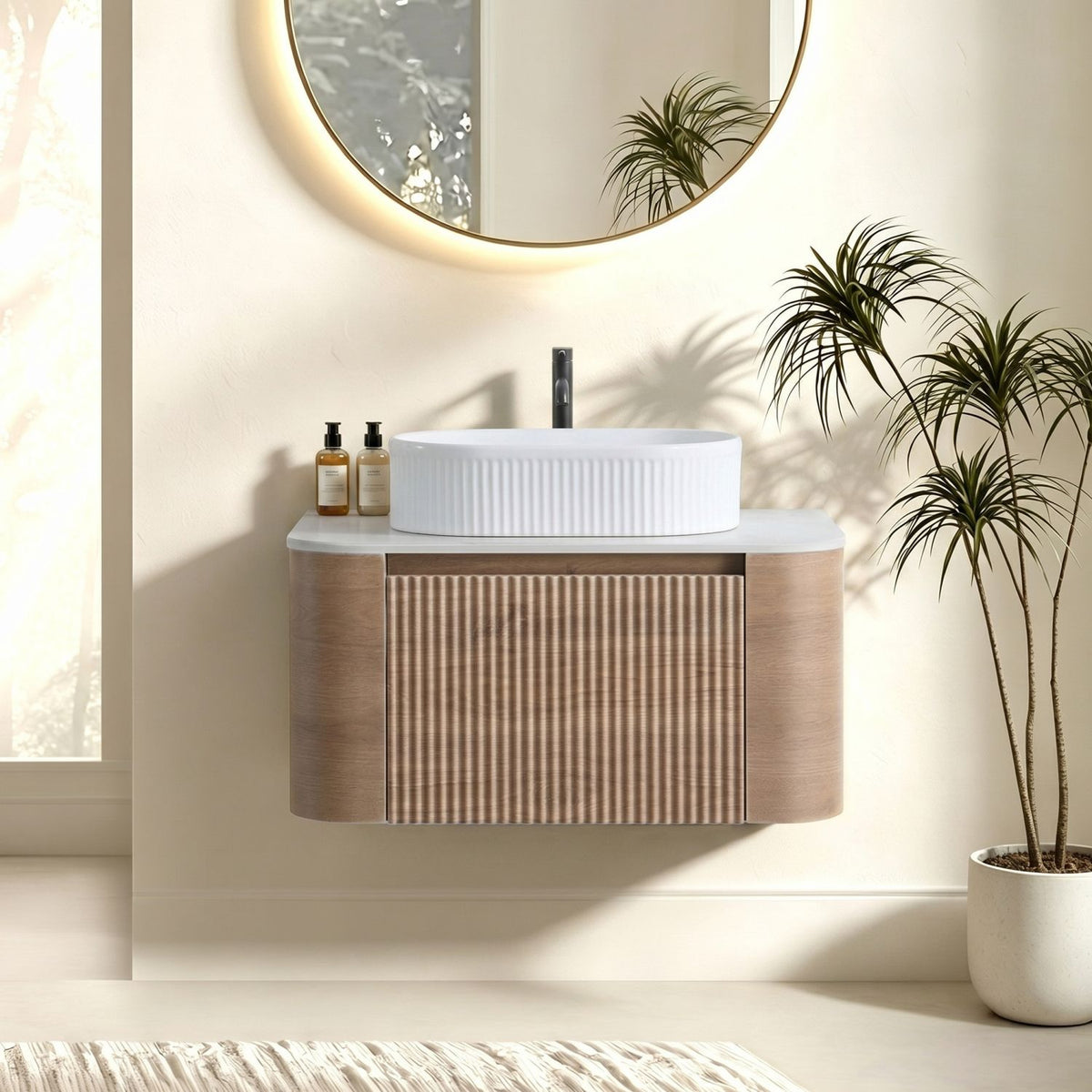 Erba 30 inch Bathroom Vanity with Sink, Honey Oak Wall Cabinet with Free Towel Rack, Single White Oval Striped Ceramic Basin Design, without Drain and Faucet, Pre-assembled