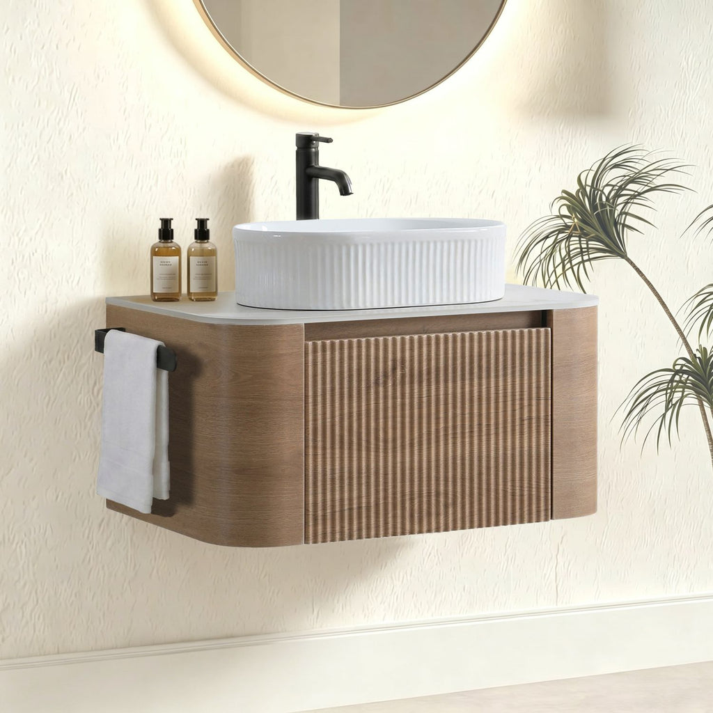 Erba 30 inch Bathroom Vanity with Sink, Honey Oak Wall Cabinet with Free Towel Rack, Single White Oval Striped Ceramic Basin Design, without Drain and Faucet, Pre-assembled