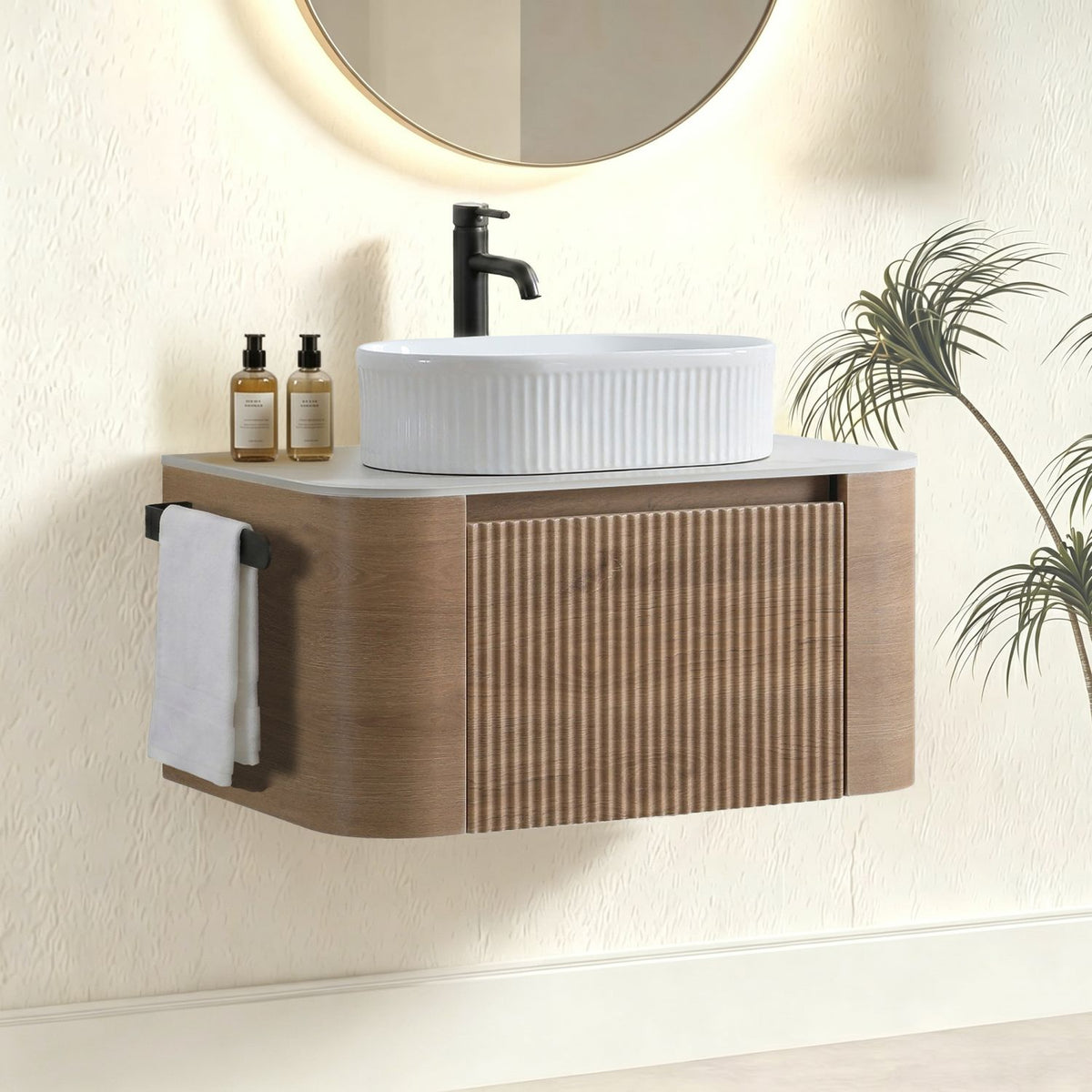 Erba 30 inch Bathroom Vanity with Sink, Honey Oak Wall Cabinet with Free Towel Rack, Single White Oval Striped Ceramic Basin Design, without Drain and Faucet, Pre-assembled