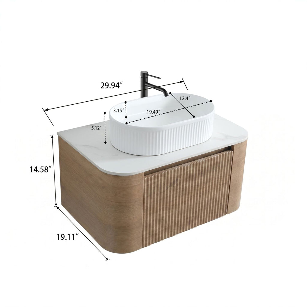 Erba 30 inch Bathroom Vanity with Sink, Honey Oak Wall Cabinet with Free Towel Rack, Single White Oval Striped Ceramic Basin Design, without Drain and Faucet, Pre-assembled