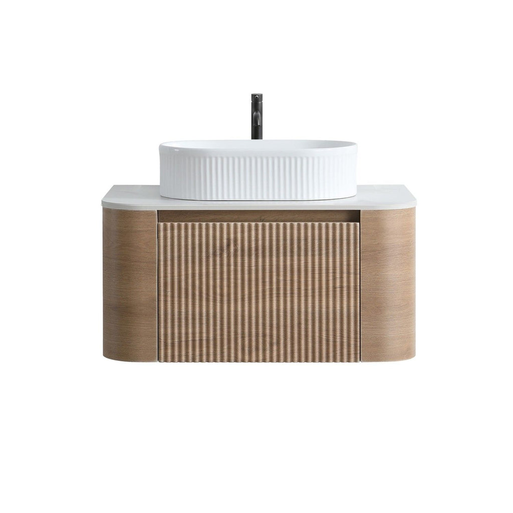 Erba 30 inch Bathroom Vanity with Sink, Honey Oak Wall Cabinet with Free Towel Rack, Single White Oval Striped Ceramic Basin Design, without Drain and Faucet, Pre-assembled
