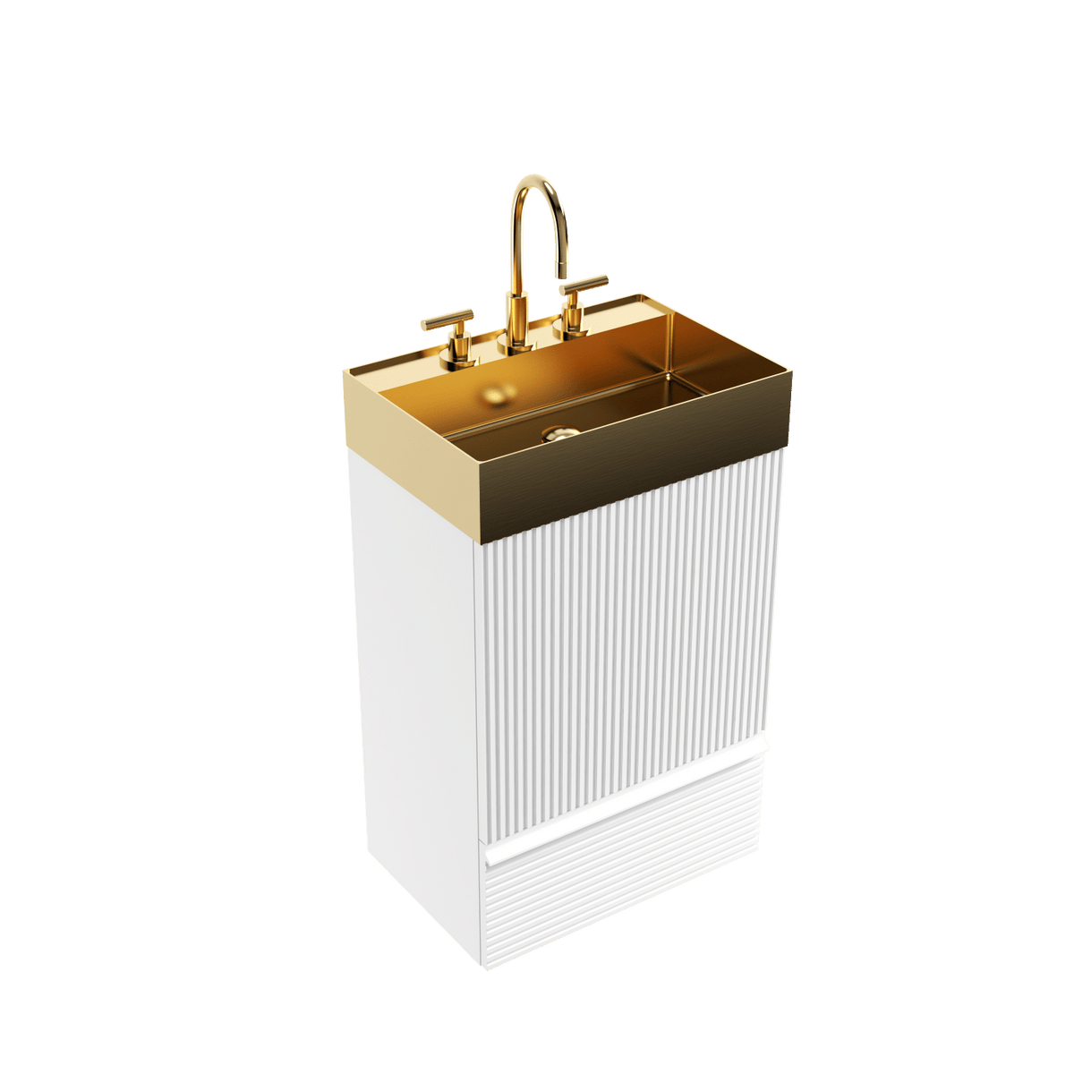 Gada 20" Striped Velvet White Bathroom Vanity with Integrated Brushed Gold Metal Vessel Bathroom Sink, Freestanding Bathroom Cabinet for Modern Bathroom, One-Piece Gold Metal Basin without Faucet, KD