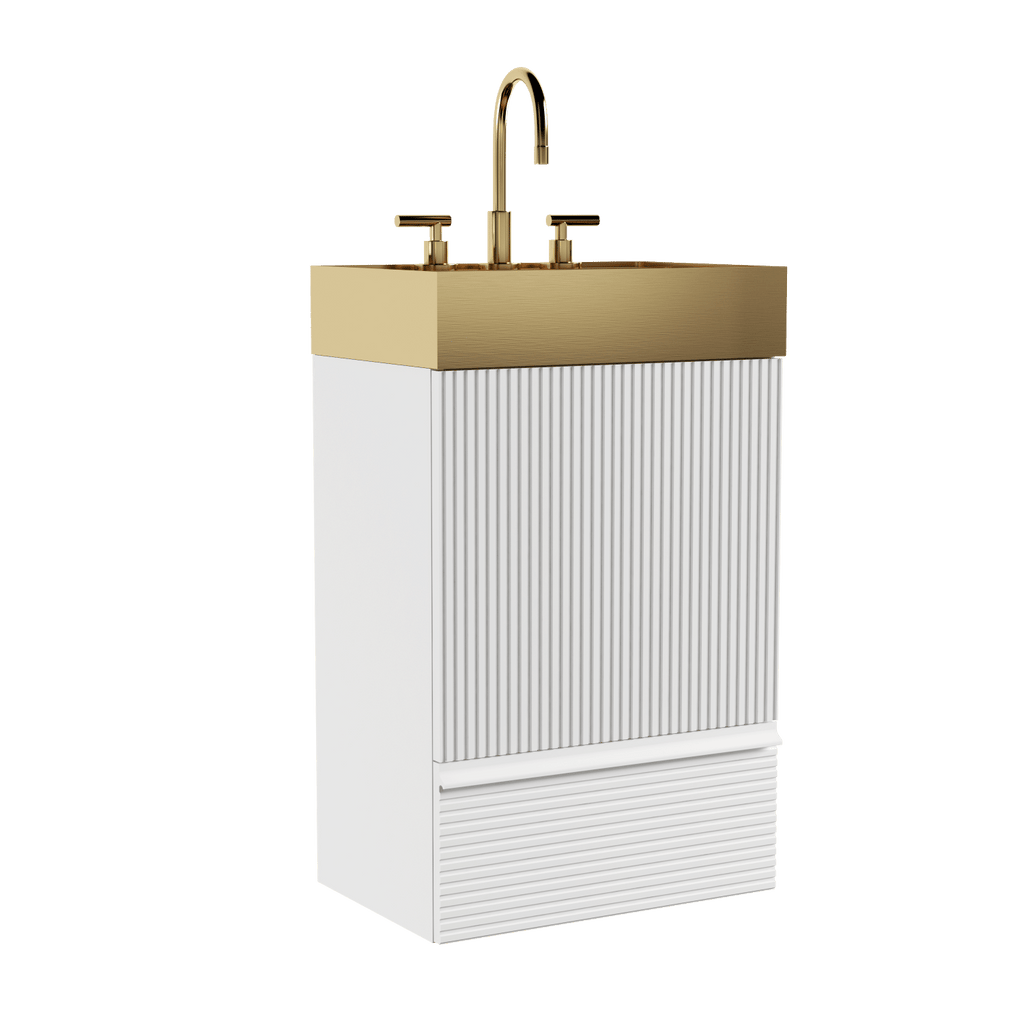 Gada 20" Striped Velvet White Bathroom Vanity with Integrated Brushed Gold Metal Vessel Bathroom Sink, Freestanding Bathroom Cabinet for Modern Bathroom, One-Piece Gold Metal Basin without Faucet, KD