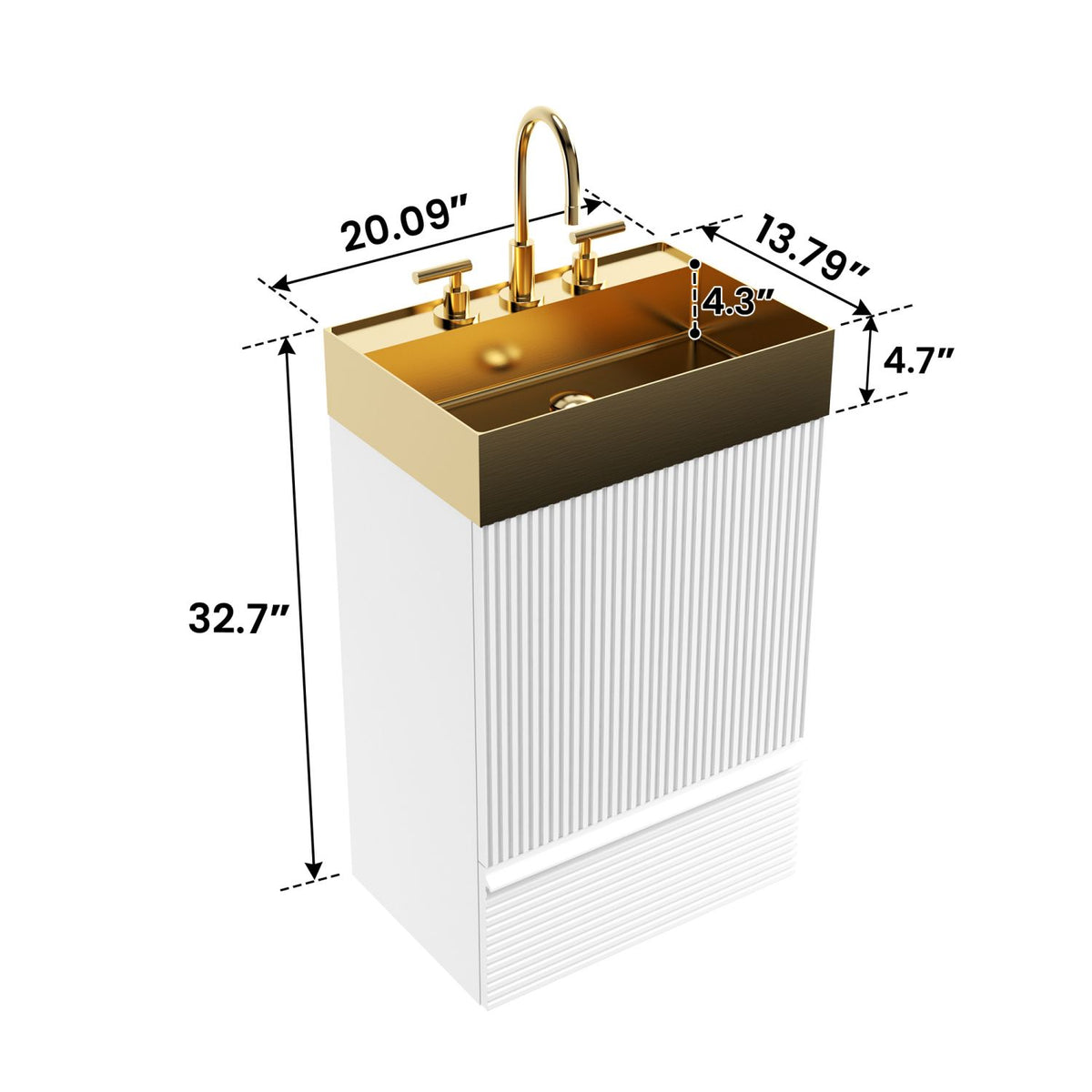 Gada 20" Striped Velvet White Bathroom Vanity with Integrated Brushed Gold Metal Vessel Bathroom Sink, Freestanding Bathroom Cabinet for Modern Bathroom, One-Piece Gold Metal Basin without Faucet, KD