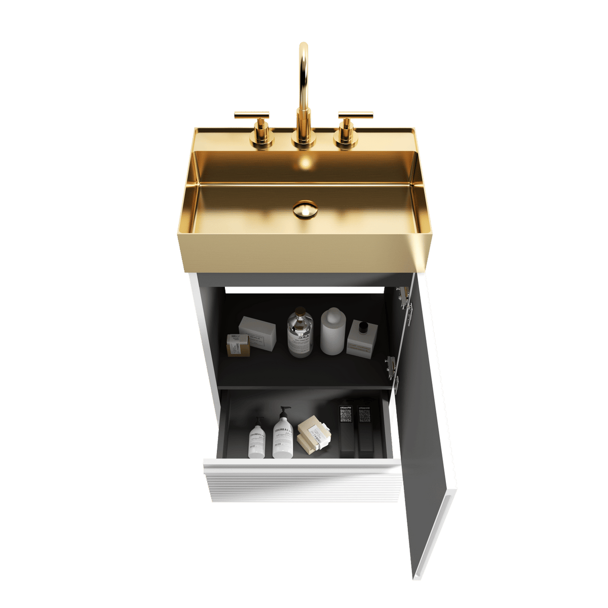 Gada 20" Striped Velvet White Bathroom Vanity with Integrated Brushed Gold Metal Vessel Bathroom Sink, Freestanding Bathroom Cabinet for Modern Bathroom, One-Piece Gold Metal Basin without Faucet, KD