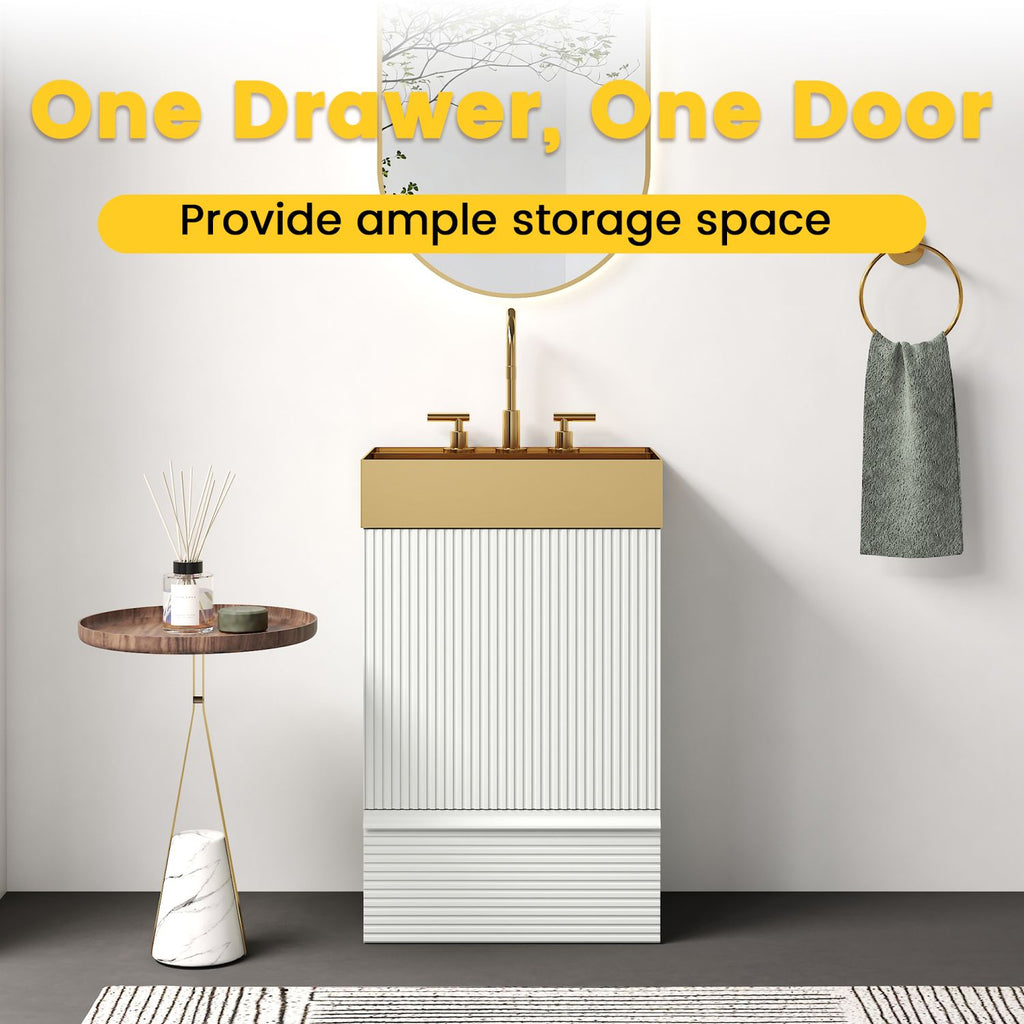 Gada 20" Striped Velvet White Bathroom Vanity with Integrated Brushed Gold Metal Vessel Bathroom Sink, Freestanding Bathroom Cabinet for Modern Bathroom, One-Piece Gold Metal Basin without Faucet, KD