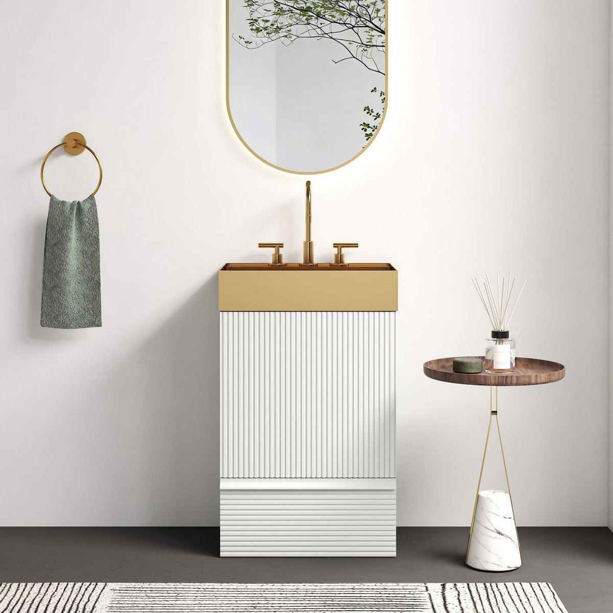 Gada 20" Striped Velvet White Bathroom Vanity with Integrated Brushed Gold Metal Vessel Bathroom Sink, Freestanding Bathroom Cabinet for Modern Bathroom, One-Piece Gold Metal Basin without Faucet, KD