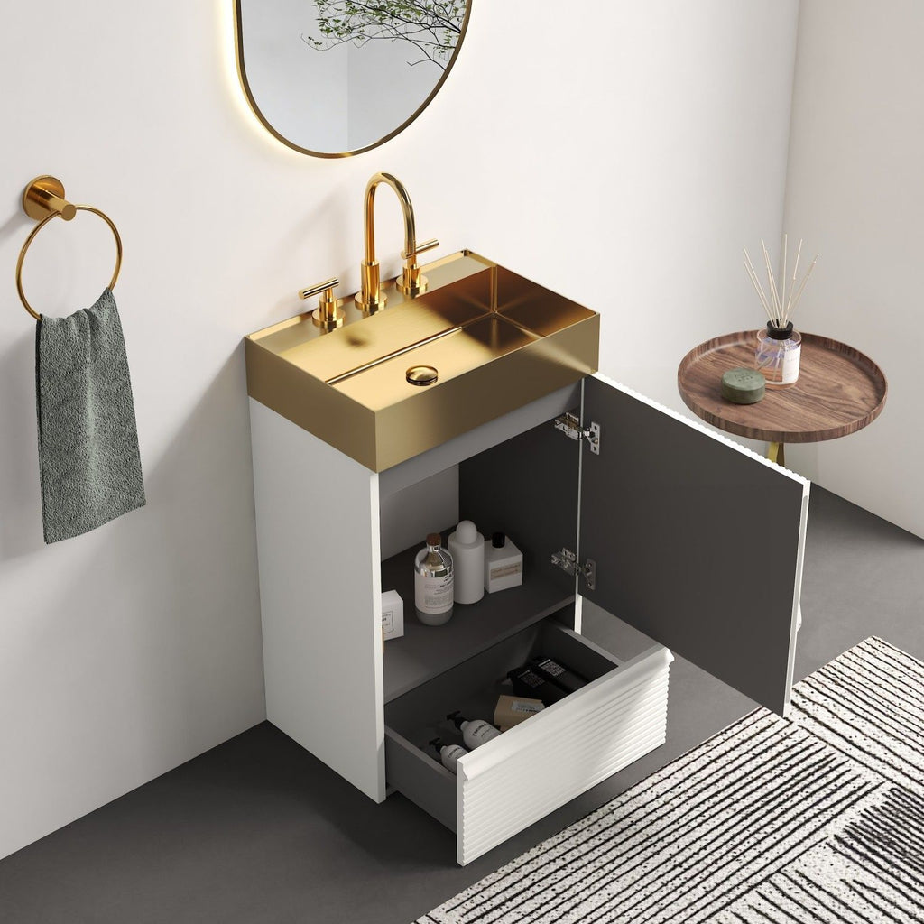 Gada 20" Striped Velvet White Bathroom Vanity with Integrated Brushed Gold Metal Vessel Bathroom Sink, Freestanding Bathroom Cabinet for Modern Bathroom, One-Piece Gold Metal Basin without Faucet, KD